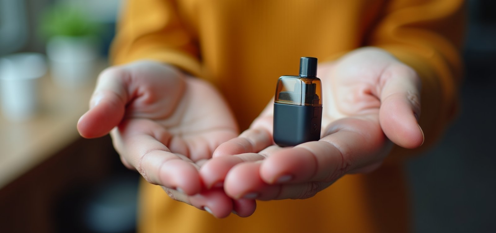 A pair of open hands offering a small black pod-style vape device